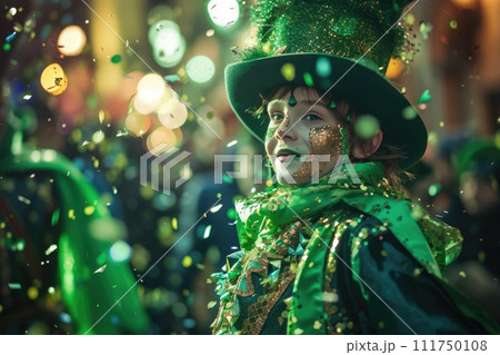 Child boy in green Leprechaun hat celebrating St. Patrick's Day outdoors with shamrock 111750108