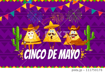 Nachos chips cowboy characters, Cinco de Mayo Mexican holiday vector banner. Cartoon Mexican nachos in sombrero with lasso on horse stick with firework and cactus for Cinco de Mayo holiday fiesta 111750178