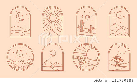 Boho desert and cactus, vintage bohemian oasis with mountain and sky landscape, vector window frames. Boho arches with thin line sun, moon and palm, summer night and clouds with stars in sky outline 111750183