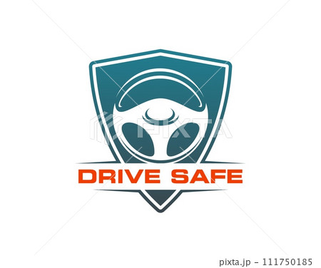 Safe drive icon, driving school symbol, features car steering wheel inside of protective shield, symbolize driver safety and caution. Isolated vector emblem of secure vehicle transportation 111750185