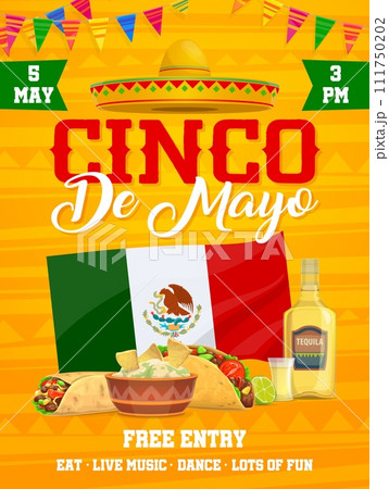 Cinco de mayo Mexican holiday party flyer with national flag, garland, sombrero and tex mex food. Taco, guacamole and nachos, burrito, tequila and lime. Traditional festival celebration, invite card 111750202