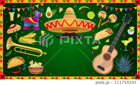 Mexican holiday banner frame with guitar and maracas, sombrero and pinata, national cuisine food. Vector border with traditional authentic festive items of Mexico, instruments, decor and tex mex food 111750205