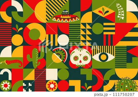 Mexican abstract poster with geometric shapes, creative collage template. Vector background with mosaic of skull, sombrero hat, cactus and jalapeno peppers in bright green, yellow, white or red colors Mexican abstract poster with geometric shapes, creative collage template. Vector background with mosaic of skull, sombrero hat, cactus and jalapeno peppers in bright green, yellow, white or red colors 111750207