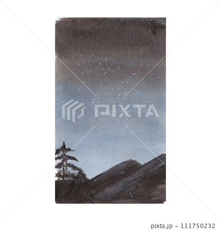 Hand drawn watercolor landscape dark night and mountain isolated on white background. Can be used for cards, poster and other printed products. 111750232