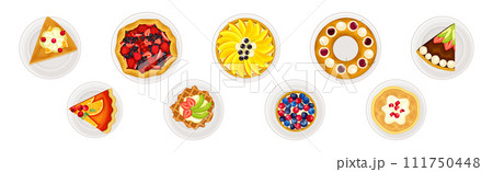 Sugary Dessert and Sweet Baked Pastry Above View Vector Set Sugary Dessert and Sweet Baked Pastry Above View Vector Set 111750448