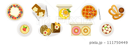 Sugary Dessert and Sweet Baked Pastry Above View Vector Set 111750449
