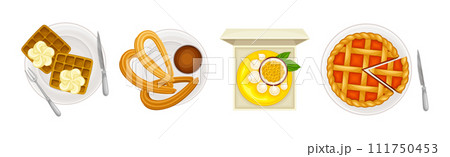 Sugary Dessert and Sweet Baked Pastry Above View Vector Set Sugary Dessert and Sweet Baked Pastry Above View Vector Set 111750453