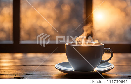 Steaming coffee mug on rustic table 111750642