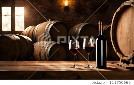 Rustic wooden table with bottle of wine and glasses Rustic wooden table with bottle of wine and glasses 111750669