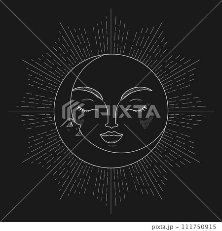 Abstract celestial background with a crescent and moon. Monochrome magical vector illustration 111750915