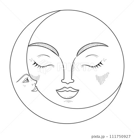 Hand drawn emblem with a crescent and moon. Monochrome magical vector illustration Hand drawn emblem with a crescent and moon. Monochrome magical vector illustration 111750927