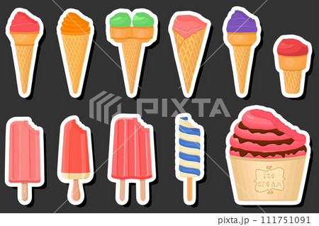 Illustration on theme big kit ice cream popsicle different types in cone waffle cup Illustration on theme big kit ice cream popsicle different types in cone waffle cup 111751091
