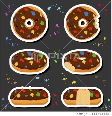 Illustration on theme big set different types sticky donuts, sweet doughnuts various size Illustration on theme big set different types sticky donuts, sweet doughnuts various size 111751118