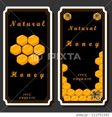 Illustration on theme for label of sugary flowing down honey in honeycomb with bee 111751143