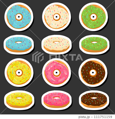 Illustration on theme big set different types sticky donuts, sweet doughnuts various size 111751159