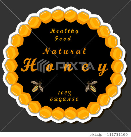 Illustration on theme for label of sugary flowing down honey in honeycomb with bee Illustration on theme for label of sugary flowing down honey in honeycomb with bee 111751160