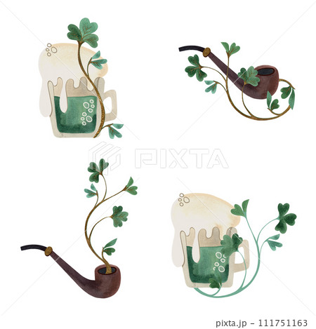 Set of illustrations for St. Patrick's Day. Compositions for postcards and Irish holiday decorations. Isolated watercolor illustration on white background. 111751163