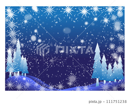 Merry Christmas background in blue with pine forest trees, snow flakes etc. 2023. Merry Christmas background in blue with pine forest trees, snow flakes etc. 2023. 111751238