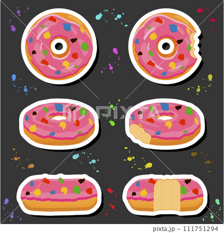 Illustration on theme big set different types sticky donuts, sweet doughnuts various size Illustration on theme big set different types sticky donuts, sweet doughnuts various size 111751294