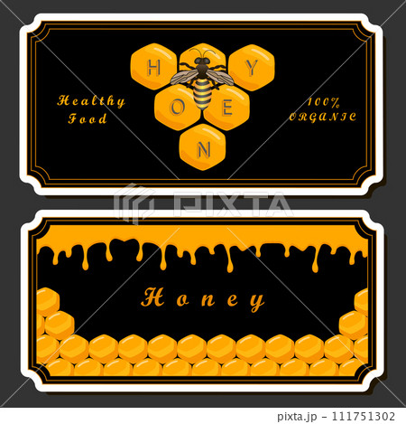 Illustration on theme for label of sugary flowing down honey in honeycomb with bee 111751302