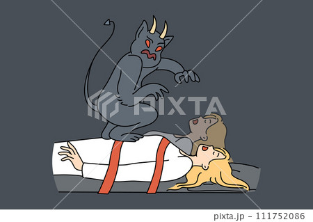 Evil monster steals soul of sleeping, bound woman who needs protection from fairytale devil 111752086