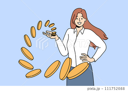 Rich woman stands among flying coins falling into hand on own, for concept of easy money 111752088