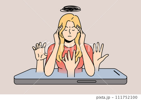Woman with migraine on mobile phone screen, due to fatigue from constant messages from colleagues 111752100