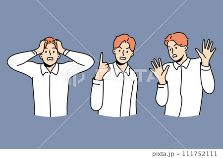 Emotional man afraid and feels aggression, showing various gestures after receiving misinformation 111752111