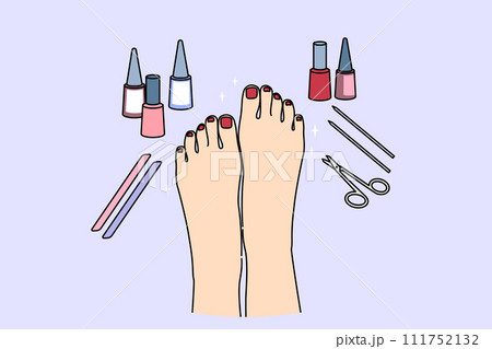 Woman feet after pedicure procedure, with nail polish and scissors near well-groomed painted nails Woman feet after pedicure procedure, with nail polish and scissors near well-groomed painted nails 111752132