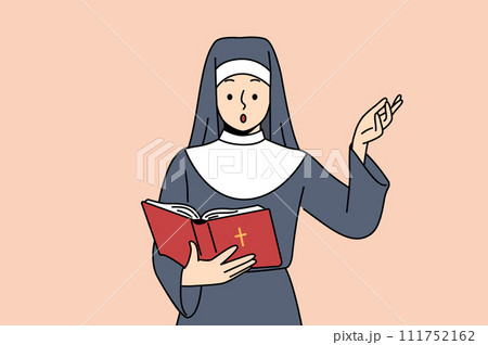 Nun reads bible and raises hand in surprise after learning history of emergence of christianity Nun reads bible and raises hand in surprise after learning history of emergence of christianity 111752162