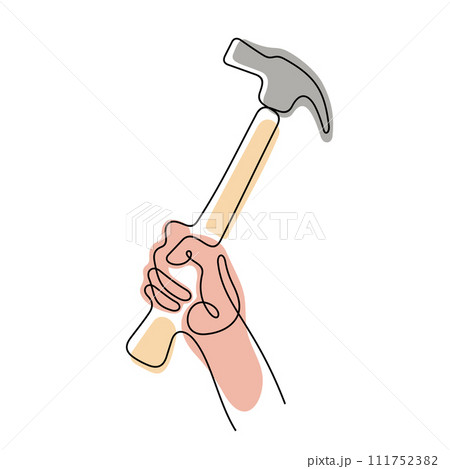 Hand holding hammer one line vector illustration 111752382