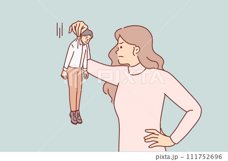 Woman subordinate angrily looks at miniature boss, demonstrating insubordination at work 111752696