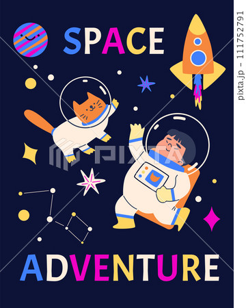 Children's flyer about space travel with a child astronaut with a cat and a rocket. Children's flyer about space travel with a child astronaut with a cat and a rocket. 111752791