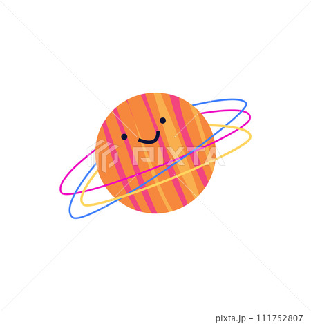 Cute planet Saturn or Jupiter with smiling face, vector cartoon Galaxy space object, Astronomy emoji character design Cute planet Saturn or Jupiter with smiling face, vector cartoon Galaxy space object, Astronomy emoji character design 111752807