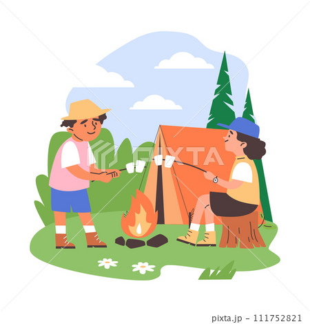 Children's summer camp scene with tent and fire. Flat illustration with characters. 111752821