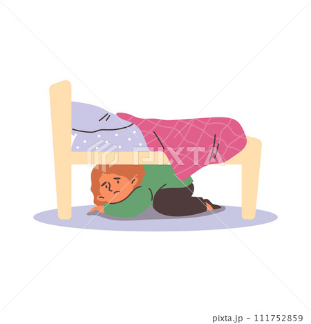 Worried scared kid hiding under the bed, flat vector illustration isolated. Worried scared kid hiding under the bed, flat vector illustration isolated. 111752859
