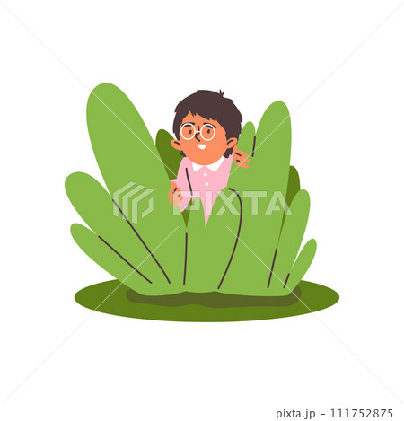 Shy child boy in round glasses hiding in bush flat style 111752875