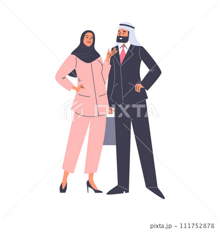 Smiling Arabic man in turban and woman in hijab, vector Muslim business fashion in pink and black colors, Islamic couple 111752878
