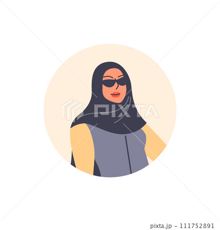 Smiling Arabic woman in hijab and sunglasses, vector Muslim business female in national Islamic outfit in circle frame 111752891