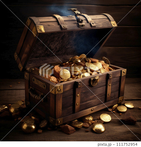 Treasure, antique retro chest with jewelry, gold and coins in an old wall, luck, wealth, unique find Treasure, antique retro chest with jewelry, gold and coins in an old wall, luck, wealth, unique find 111752954