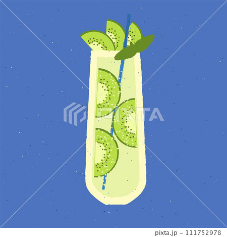 Green cocktail with kiwi and leaf. Sage romance. Alcohol drink in tall glass. Flat vector 111752978
