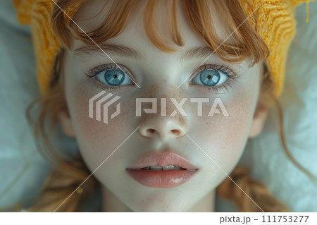 A close-up portrait of a little girl .She is a pretty, sweet, attractive, curious, creative, cheerful girl 111753277