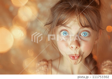 The young girl made a grimace with her lips, and stared at the orange background 111753302