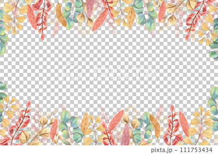 Floral horizontal frame of dried lagurus, eucalyptus branch, abstract flowers. Bunny tail, silver dollar eucalyptus, spikelet. Herbal composition. Watercolor illustration with copy space for text 111753434