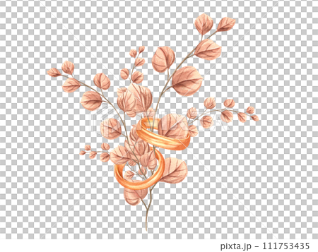 Wedding golden rings decorated delicate peach-colored herbs. Engagement rings. Meadow wild plants. Dried vintage plant. Watercolor illustration. For invitation or greeting cards. 111753435