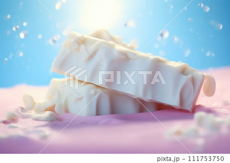 Close-up of fresh milk splashing around white chocolate bars on a pink and blue background with sun flare 111753750