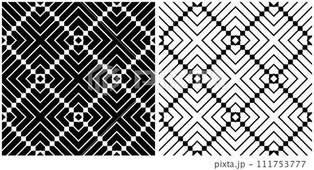 Set of Seamless Geometric Checked Black and White Patterns. Vector Art. 111753777