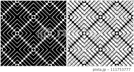 Set of Seamless Geometric Checked Black and White Patterns. Vector Art. 111753777