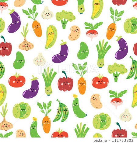 Hand drawn seamless pattern with cute kawaii veggies on white background. Colorful wallpaper with vegetables for print, wrapping paper, textile Hand drawn seamless pattern with cute kawaii veggies on white background. Colorful wallpaper with vegetables for print, wrapping paper, textile 111753802