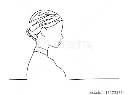 Woman face in profile, one line drawing vector illustration. Woman face in profile, one line drawing vector illustration. 111753834